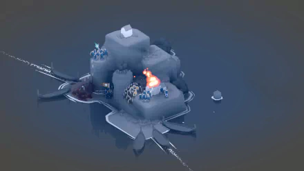 HD desktop wallpaper from Bad North showing a strategic battle scene on a stylized island with fires and troops.