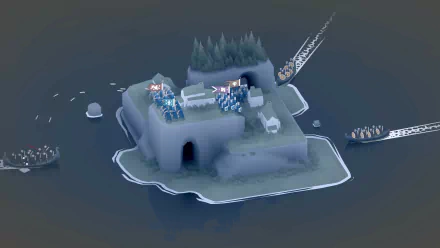 HD desktop wallpaper from Bad North game showcasing a small island being invaded, with troops preparing for battle.