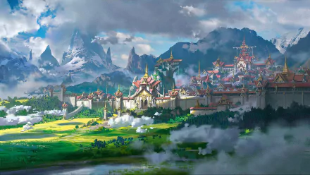 HD fantasy cityscape wallpaper featuring majestic architecture surrounded by lush greenery, mountains, and clouds.