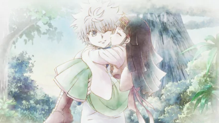 HD wallpaper of anime characters Alluka Zoldyck and Killua Zoldyck from Hunter x Hunter, depicting a heartwarming scene in a serene natural setting.