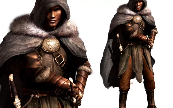 HD PC desktop wallpaper featuring a hooded character from the video game Dreamfall: The Longest Journey, dressed in medieval-style armor and a fur-lined cloak.