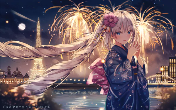 HD desktop wallpaper featuring Marie Antoinette from Fate/Grand Order. She stands by a river with the Eiffel Tower and fireworks in the background, dressed in a traditional kimono.
