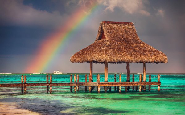 Earth Rainbow Sky Pier Wooden Tropics Tropical Ocean Sea Horizon HD Wallpaper | Background Image