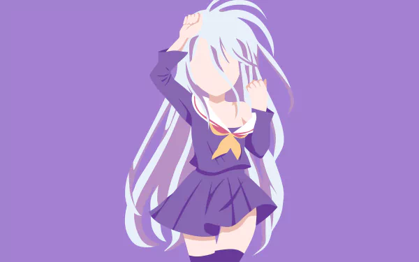 Minimalist 8K Ultra HD anime wallpaper featuring Shiro from No Game No Life in a school uniform with long grey hair and thigh highs on a purple background.