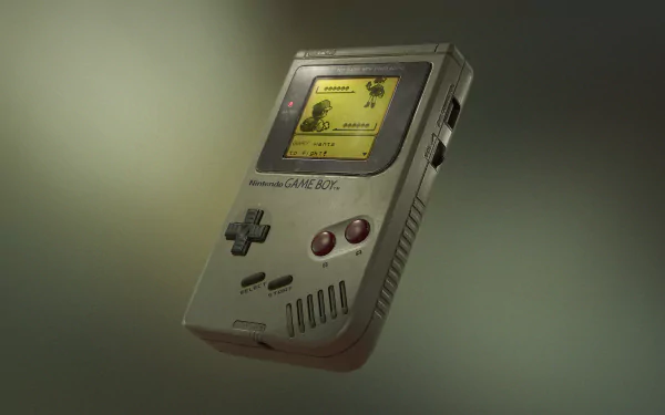 HD PC desktop wallpaper of a vintage Game Boy displaying a Pokémon video game screen against a soft green gradient background.
