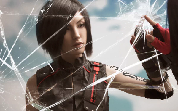 HD wallpaper of a woman cosplaying Faith Connors from Mirror's Edge, with shattered glass effects adding dynamic depth to the PC desktop background.