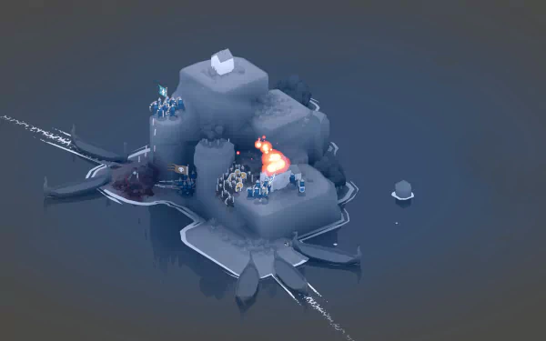 HD desktop wallpaper from Bad North showing a strategic battle scene on a stylized island with fires and troops.
