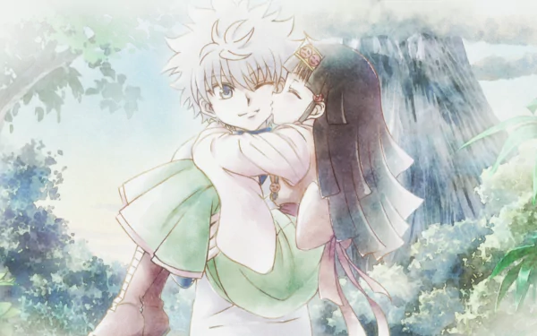 HD wallpaper of anime characters Alluka Zoldyck and Killua Zoldyck from Hunter x Hunter, depicting a heartwarming scene in a serene natural setting.