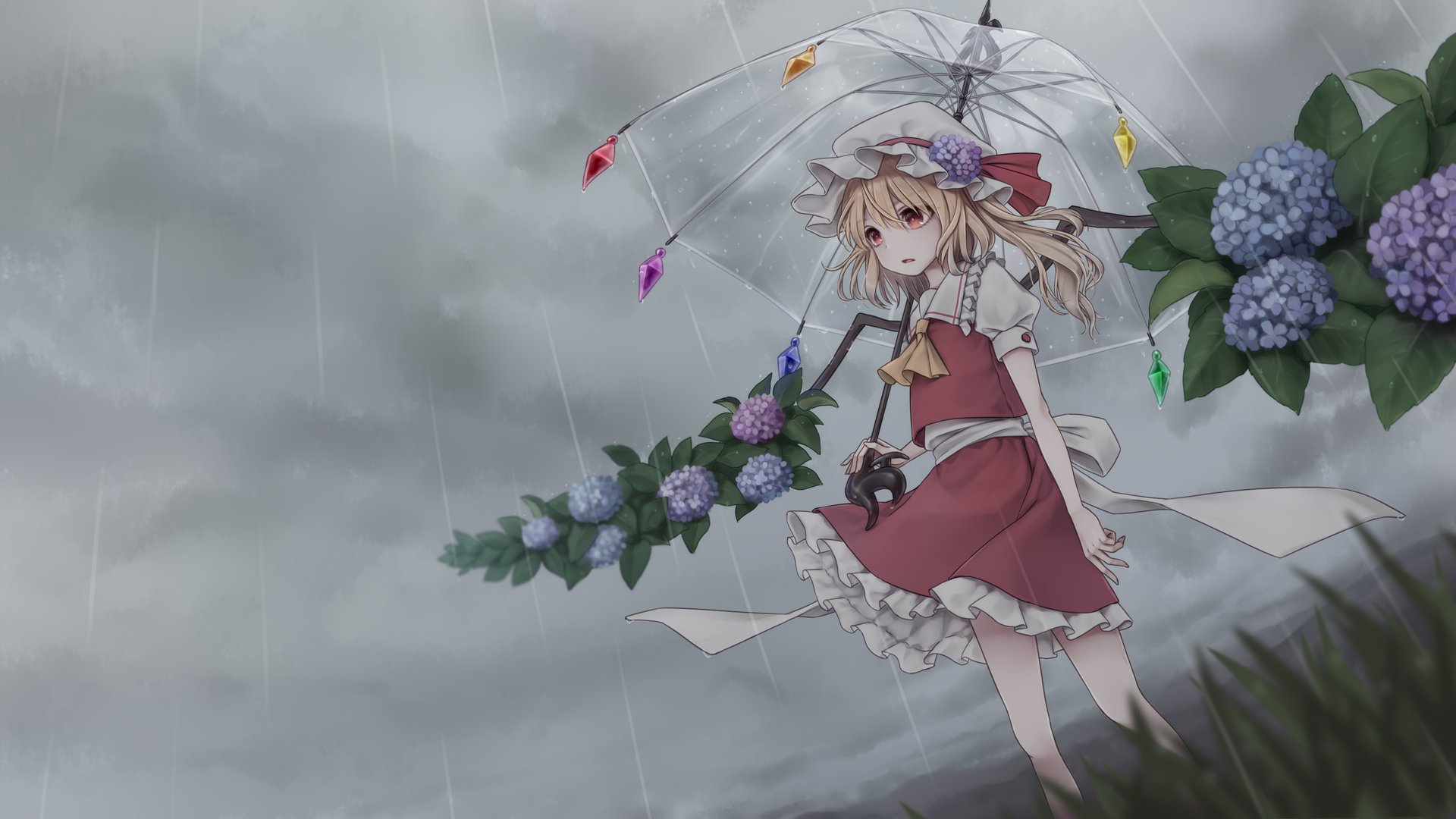 HD PC desktop wallpaper featuring Flandre Scarlet (Touhou): anime girl in a red dress holding a clear umbrella in the rain, crystal-like wing shards and hydrangeas beneath a stormy sky.