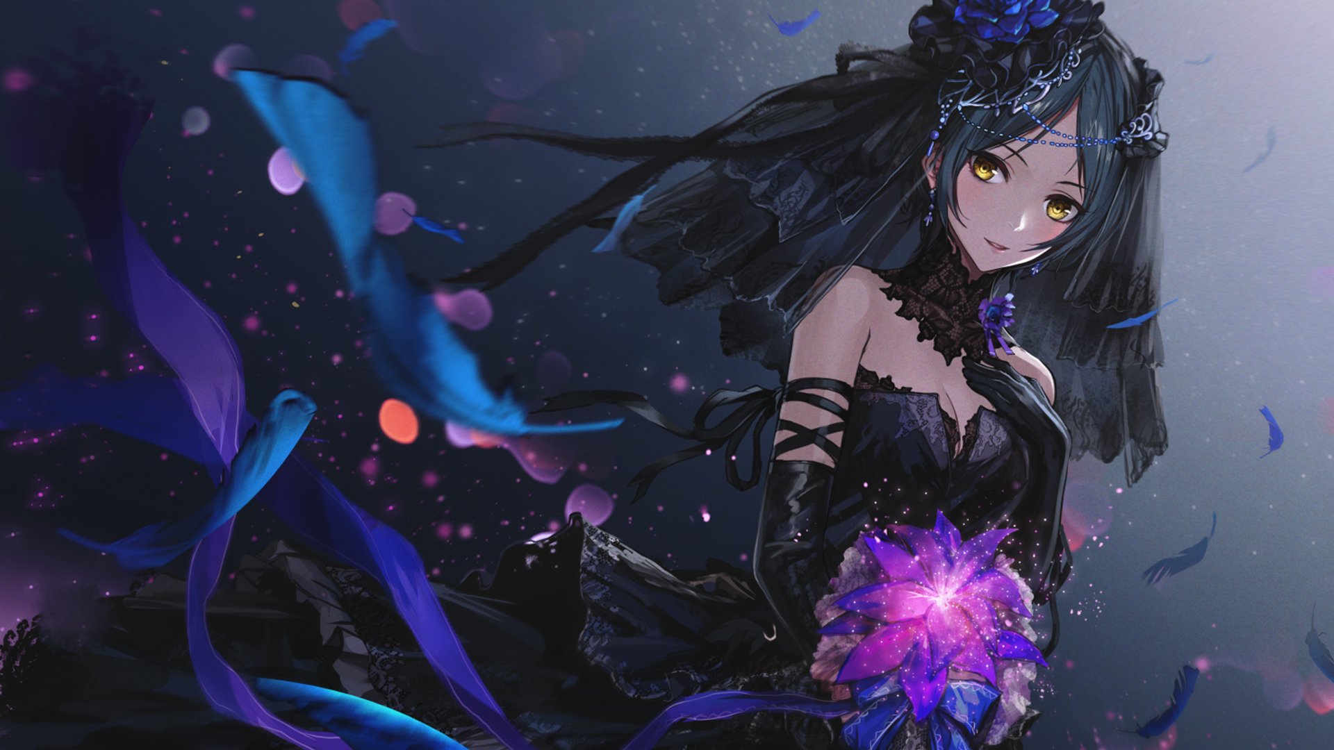 HD PC desktop wallpaper featuring Kanade Hayami from The iDOLM@STER Cinderella Girls, depicted in a dark, mystical anime style with glowing purple and blue accents.