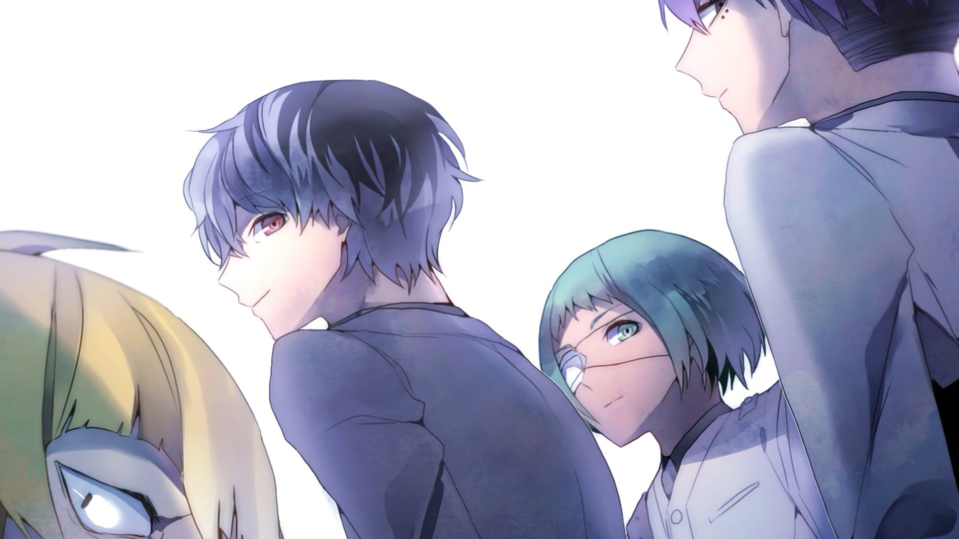 4K Ultra HD anime wallpaper featuring Ken Kaneki, Tooru Mutsuki, Gishi Shirazu, Kuki Urie, and Haise Sasaki from Tokyo Ghoul:re.