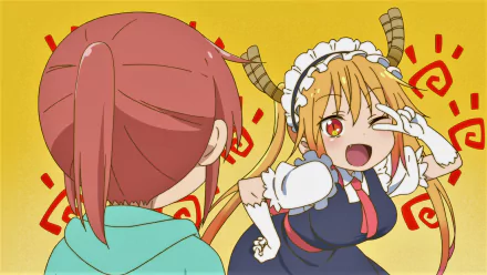 HD anime desktop wallpaper featuring Kobayashi and Tohru from Miss Kobayashi's Dragon Maid, with vibrant colors and expressive character poses.
