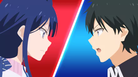 HD PC wallpaper featuring Masamune Makabe and Aki Adagaki from the anime Masamune-kun's Revenge, with a dynamic red and blue split background.
