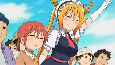 HD PC desktop wallpaper featuring Kobayashi and Tohru from the anime Miss Kobayashi's Dragon Maid smiling under a bright blue sky.