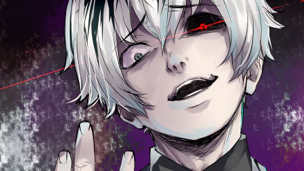 HD desktop wallpaper featuring Ken Kaneki, also known as Haise Sasaki, from the anime Tokyo Ghoul:re. The character is shown with white hair and a sinister expression, with a dark, textured background.