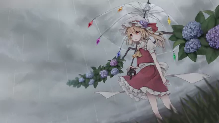 HD PC desktop wallpaper featuring Flandre Scarlet (Touhou): anime girl in a red dress holding a clear umbrella in the rain, crystal-like wing shards and hydrangeas beneath a stormy sky.