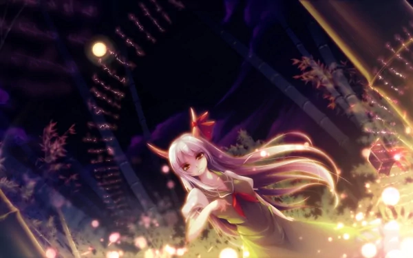 HD anime desktop wallpaper featuring Suika Ibuki from Touhou, glowing softly in a nighttime scene with vibrant lights and ethereal atmosphere.
