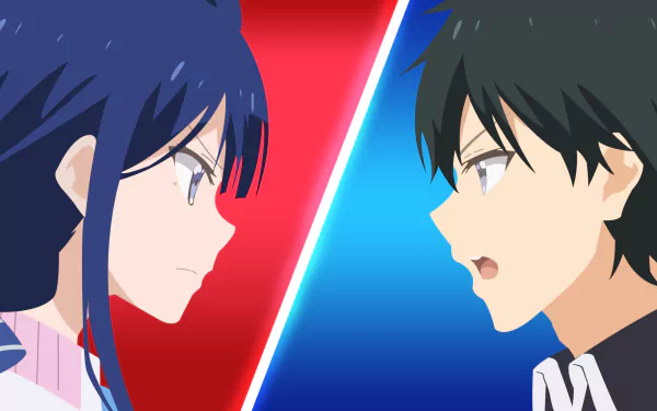 HD PC wallpaper featuring Masamune Makabe and Aki Adagaki from the anime Masamune-kun's Revenge, with a dynamic red and blue split background.