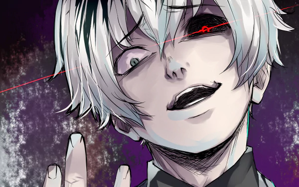 HD desktop wallpaper featuring Ken Kaneki, also known as Haise Sasaki, from the anime Tokyo Ghoul:re. The character is shown with white hair and a sinister expression, with a dark, textured background.