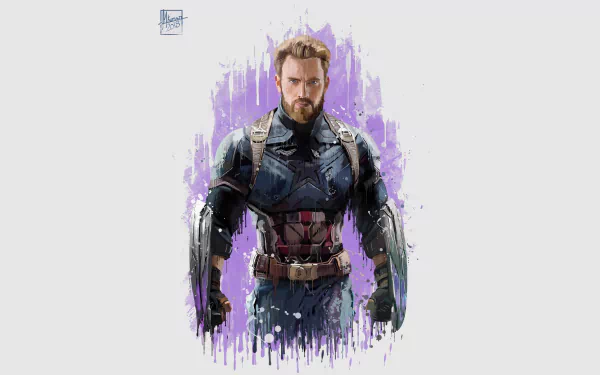 HD wallpaper featuring Chris Evans as Captain America from the movie Avengers: Infinity War, with a vivid purple background.