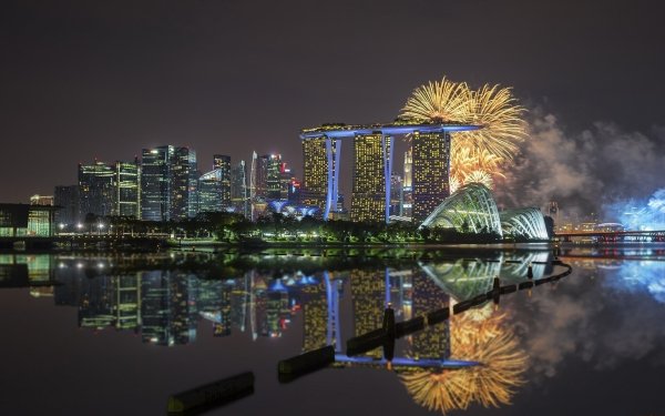 Man Made Singapore Cities City Reflection Fireworks Building Skyscraper HD Wallpaper | Background Image