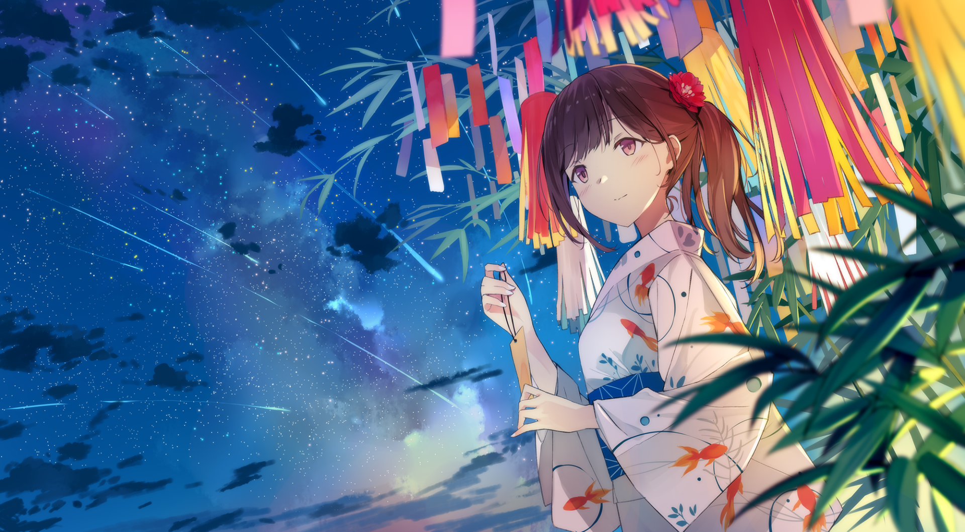 Anime-style HD desktop wallpaper featuring a girl in a kimono under a starry sky with colorful streamers. The girl holds a small slip of paper, surrounded by bamboo and vibrant decorations.