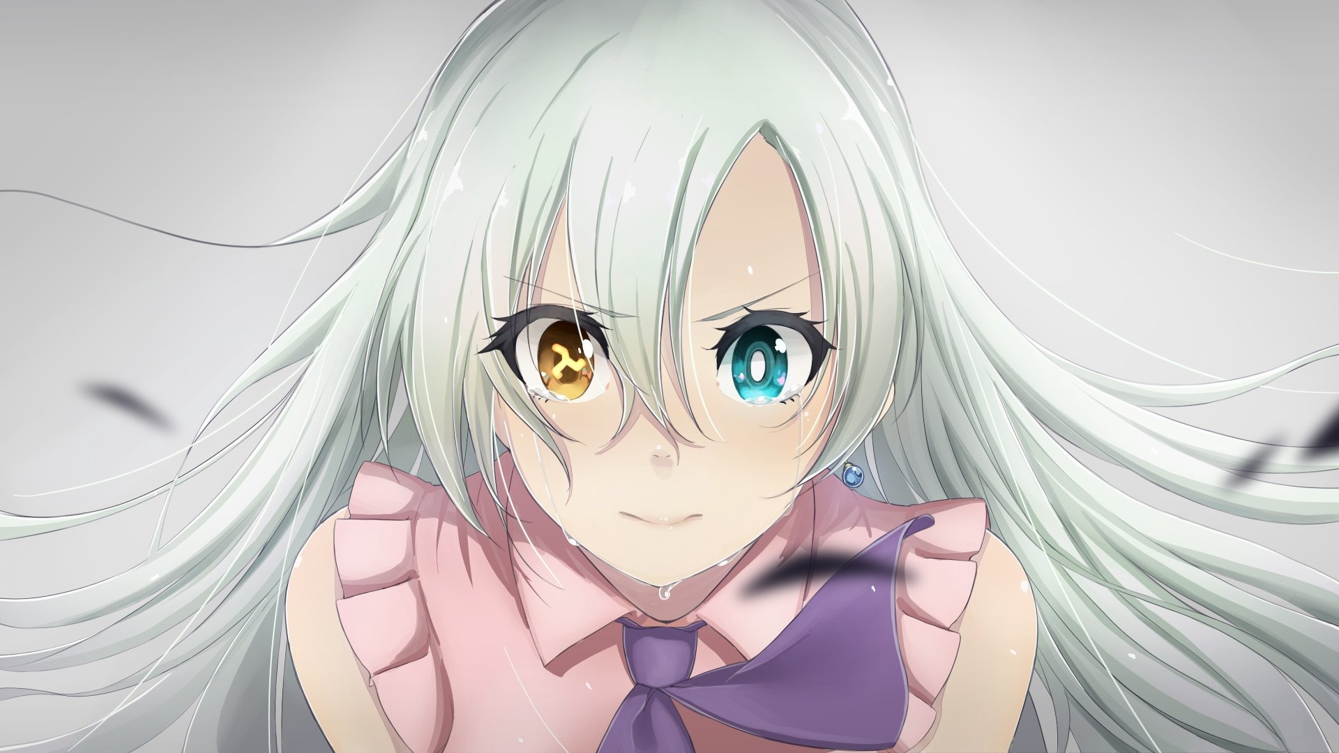 High-definition Anime wallpaper featuring Elizabeth Liones from The Seven Deadly Sins; she is crying, with tears in her heterochromatic eyes (one blue, one yellow), and flowing long white hair.