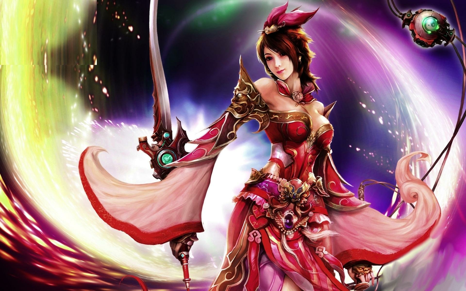 HD fantasy wallpaper featuring an oriental woman warrior wielding a katana, dressed in ornate armor with flowing garments against a vibrant, mystical background.