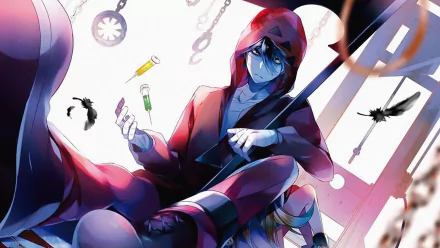 HD wallpaper featuring Zack from Angels of Death (Satsuriku no Tenshi). He has yellow eyes, wears a red hood, and holds a syringe. The background includes various objects and a dark, intense atmosphere.