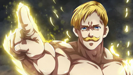 HD desktop wallpaper featuring Escanor from the anime The Seven Deadly Sins, radiating powerful energy with a confident expression and a bright backdrop.
