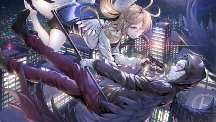 Anime 4K Ultra HD wallpaper featuring Rachel Gardner and Zack from Angels of Death, set against a vibrant cityscape at night.