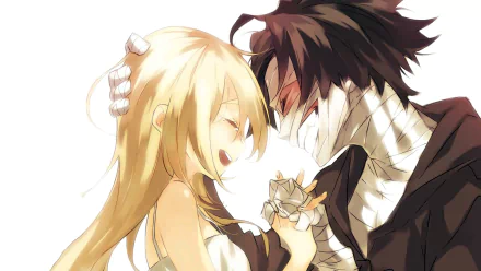 Anime characters Zack and Rachel Gardner from Angels of Death; a black-haired, bandaged man gently holds a crying blonde girl's hands. They share a tender moment. HD desktop wallpaper.