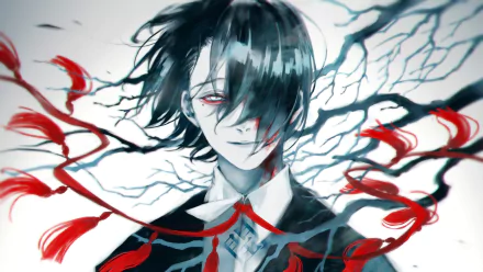HD desktop wallpaper featuring Kichimura Washuu from Tokyo Ghoul:re. The character is depicted with dark hair and haunting red eyes, surrounded by abstract, eerie branches and red ribbons.