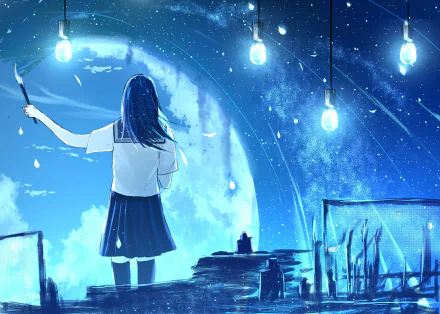Anime-style HD desktop wallpaper of a girl with long blue hair painting stars in a glowing night sky illuminated by hanging lights and a large moon.