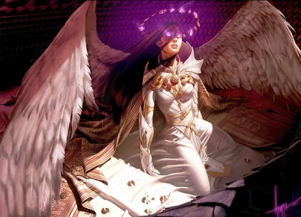 An HD desktop wallpaper featuring a detailed, mystical scene from Magic: The Gathering. It depicts a majestic, angelic figure in ornate armor with large, powerful wings, and glowing purple elements.