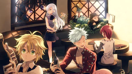 Anime characters from The Seven Deadly Sins in a bar setting, featuring Meliodas, Ban, Elizabeth Liones, King, and Diane. They display diverse hair colors including blonde, white, pink, and styles.