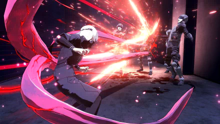 4K Ultra HD wallpaper from the video game Tokyo Ghoul:re Call to Exist featuring Ken Kaneki and Haise Sasaki in an intense battle scene with dynamic red energy effects.