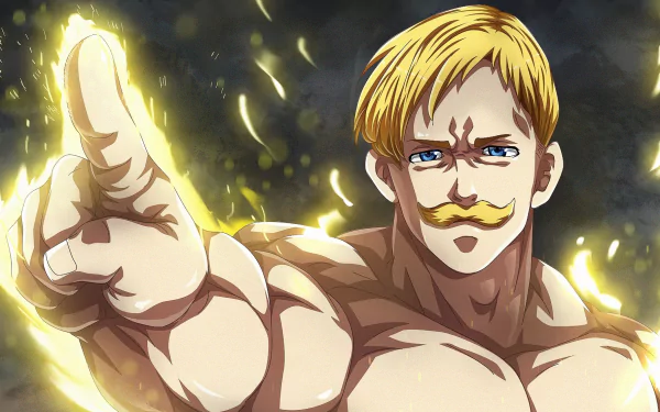 HD desktop wallpaper featuring Escanor from the anime The Seven Deadly Sins, radiating powerful energy with a confident expression and a bright backdrop.