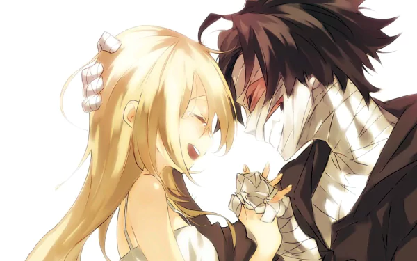Anime characters Zack and Rachel Gardner from Angels of Death; a black-haired, bandaged man gently holds a crying blonde girl's hands. They share a tender moment. HD desktop wallpaper.