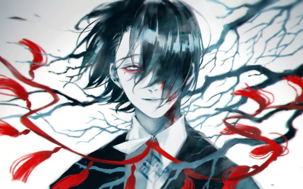HD desktop wallpaper featuring Kichimura Washuu from Tokyo Ghoul:re. The character is depicted with dark hair and haunting red eyes, surrounded by abstract, eerie branches and red ribbons.