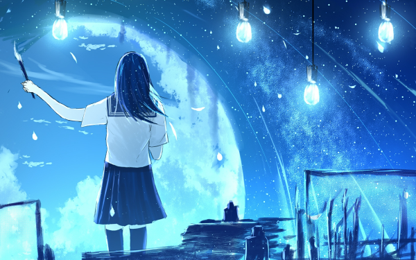 Anime Original Long Hair Brush Star Light Blue Hair HD Wallpaper | Background Image