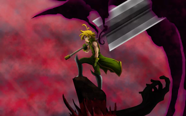 HD desktop wallpaper of Meliodas, a blonde character from the anime The Seven Deadly Sins, standing on a rock with a sword against a dark, ominous background.