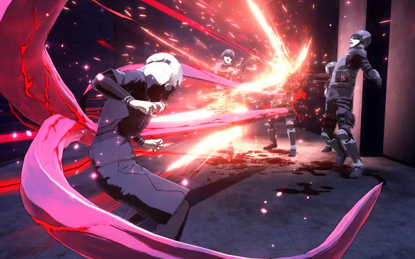 4K Ultra HD wallpaper from the video game Tokyo Ghoul:re Call to Exist featuring Ken Kaneki and Haise Sasaki in an intense battle scene with dynamic red energy effects.