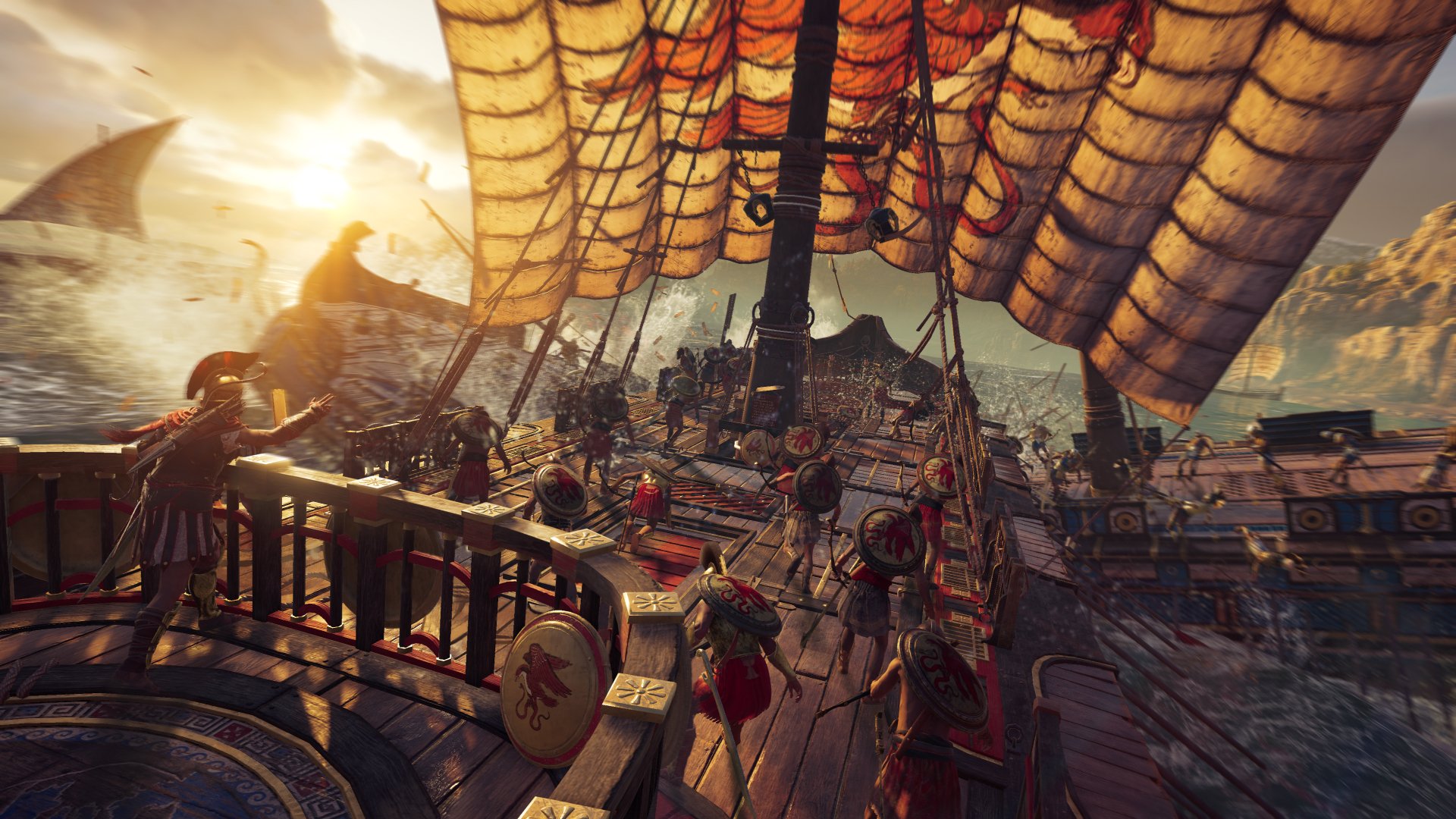 4K Ultra HD PC desktop wallpaper featuring a detailed Assassin's Creed Odyssey naval battle scene aboard a Greek trireme under dramatic sunlight.