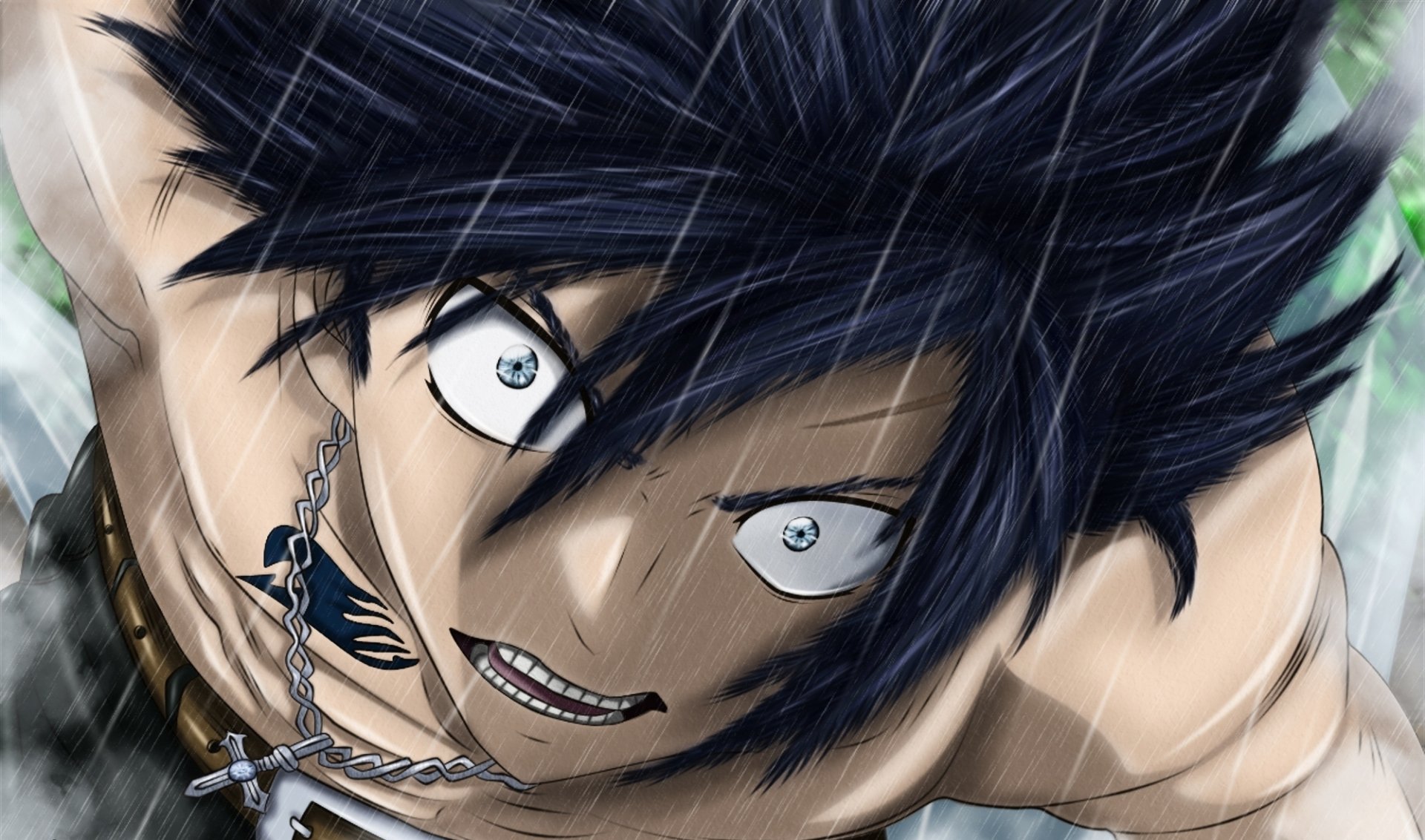 Gray Fullbuster from Fairy Tail — intense anime close-up: shirtless with spiky dark hair, piercing eyes and chain necklaces, dynamic shading and high-definition detail for a PC desktop wallpaper/background.