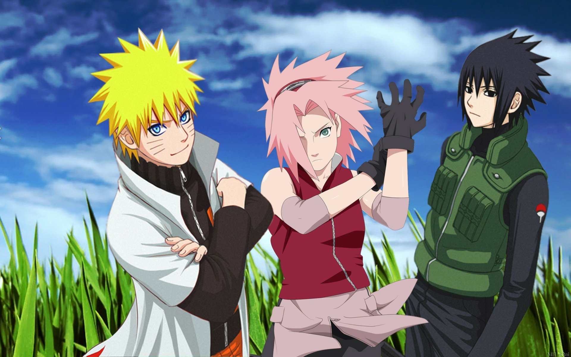 2K Quad HD anime desktop wallpaper of Naruto Uzumaki, Sakura Haruno and Sasuke Uchiha posing in a grassy field beneath a blue sky — Naruto & Sasuke themed background.