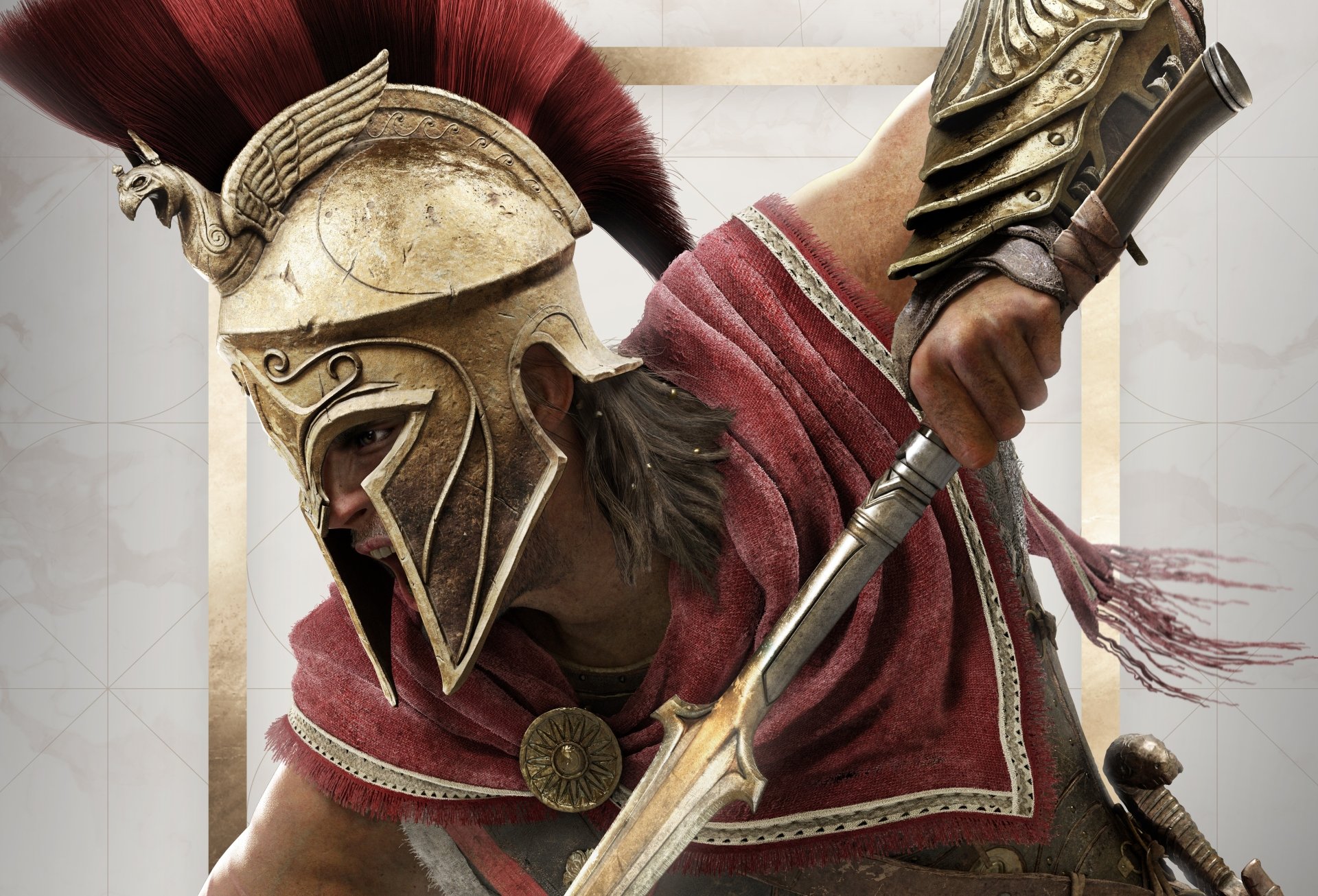 4K Ultra HD PC wallpaper featuring a detailed warrior from the video game Assassin's Creed Odyssey, showcasing ancient armor and dynamic action.
