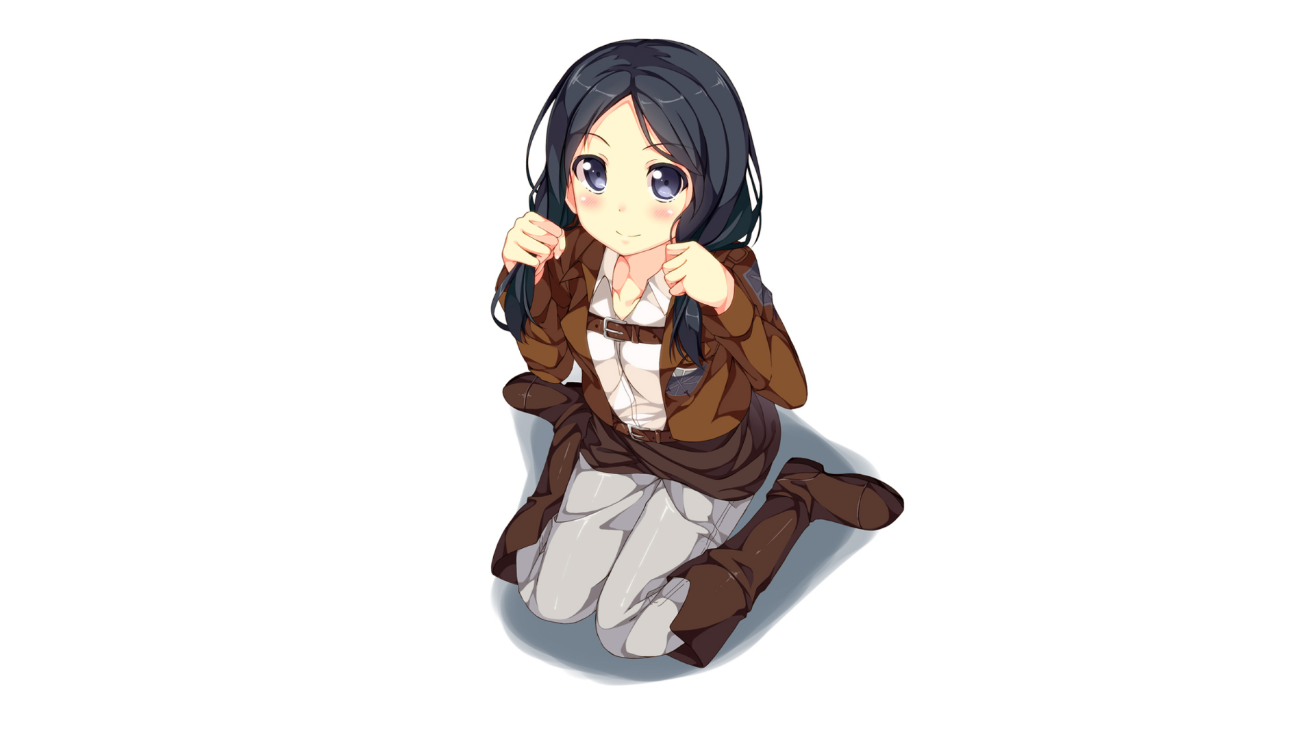 2K Quad HD PC desktop wallpaper: Anime/Attack on Titan–style black-haired girl in uniform kneeling and smiling.