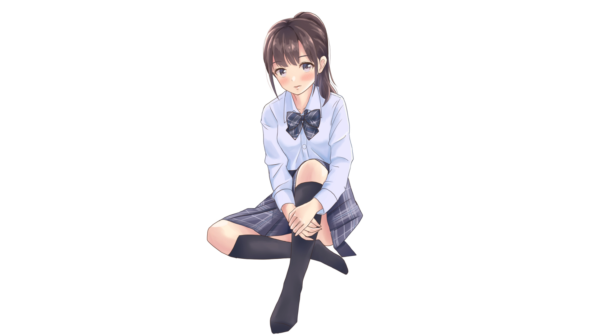 Anime-style original character with black hair, wearing a school uniform and skirt, sitting with legs crossed on a white background, HD desktop wallpaper.