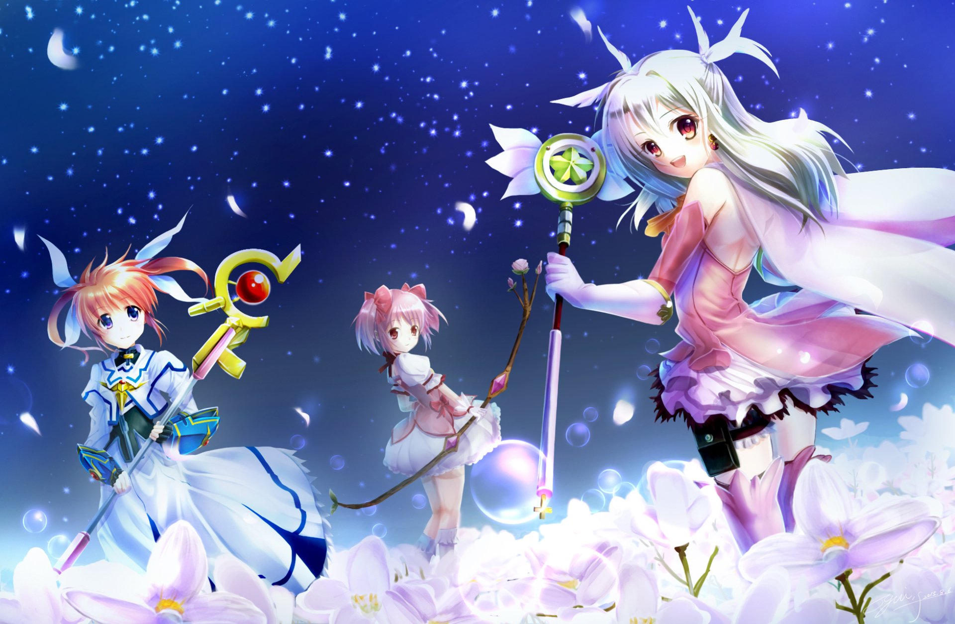 HD anime crossover desktop wallpaper: Nanoha Takamachi, Madoka Kaname and Illyasviel von Einzbern stand in a moonlit flower field, wielding glowing magical staffs beneath a starry sky.